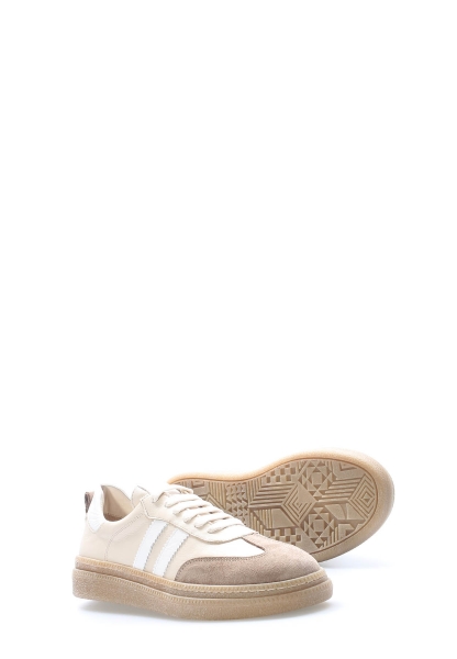 Tugerdi Bej Beyaz Hakiki Deri Bağcıklı Hafif Taban Kadın Casual Ayakkabı TG092172611182