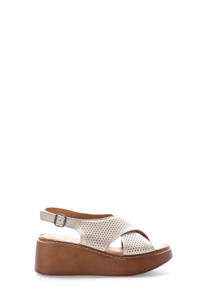 Tugerdi Bej Hakiki Deri Hafif Taban Kemerli Dolgu Topuklu Kadın Sandalet TG096212611274