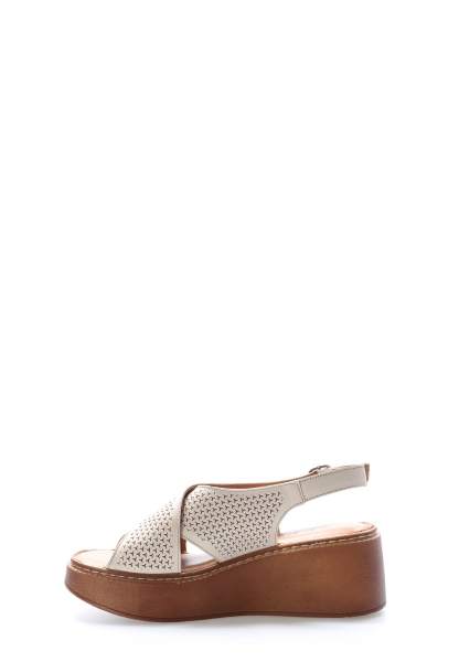 Tugerdi Bej Hakiki Deri Hafif Taban Kemerli Dolgu Topuklu Kadın Sandalet TG096212611274