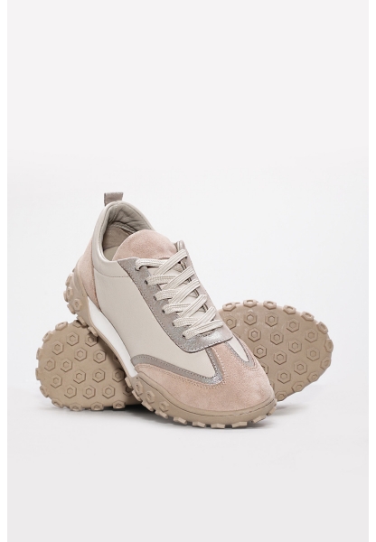 Tugerdi Bej İçi Dışı Hakiki Deri Bağcıklı Termo Taban Kadın Spor Ayakkabı TG0916926124445
