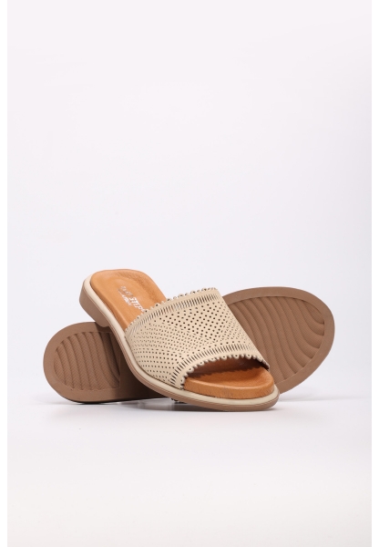 Tugerdi Bej Hakiki Deri Hafif Taban Kaliteli Kadın Terlik TG099722611614