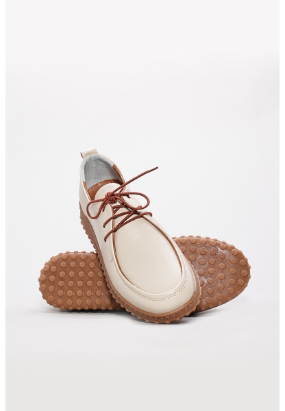 Tugerdi Bej İçi Dışı Hakiki Deri Bağcıklı Hafif Taban Günlük Kadın Ayakkabı TG0958326121020