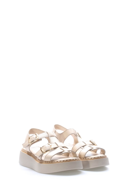 Tugerdi Bej Hakiki Deri Kemerli Hafif Taban Klasik Kadın Sandalet TG096212611579