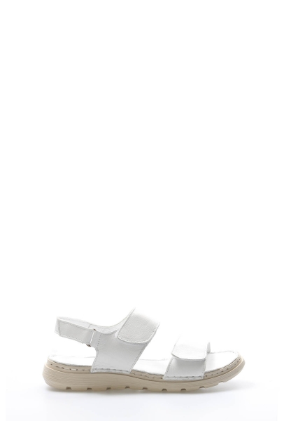Tugerdi Beyaz Hakiki Deri Hafif Taban Klasik Kadın Sandalet TG099722611012