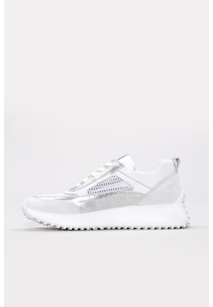 Tugerdi Beyaz-Gümüş İçi Dışı Hakiki Deri Bağcıklı Hafif Taban Kadın Spor Ayakkabı TG091362619441