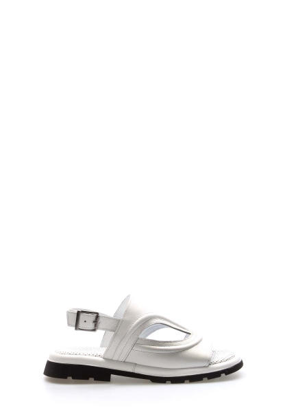 Tugerdi Beyaz Hakiki Deri Kemerli Siyah Hafif Taban Kadın Sandalet TG097102611382