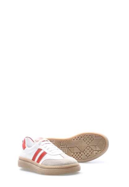 Tugerdi Beyaz Kırmızı Hakiki Deri Bağcıklı Hafif Taban Kadın Casual Ayakkabı TG092172611182