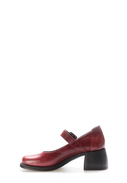 Tugerdi Bordo Hakiki Deri Siyah Hafif Kalın Taban Kemerli Topuklu Kadın Ayakkabı TG0921726188413