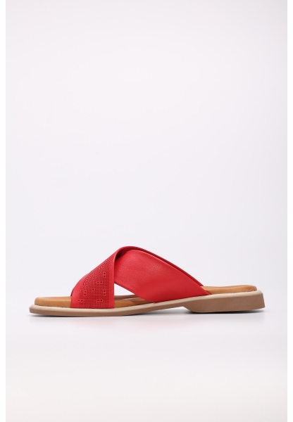 Tugerdi Kırmızı İçi Dışı Hakiki Deri Hafif Taban Kırmızı Çapraz Kadın Terlik TG099722611611