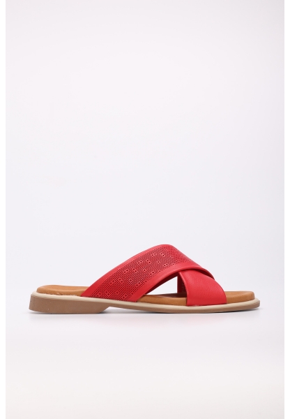 Tugerdi Kırmızı İçi Dışı Hakiki Deri Hafif Taban Kırmızı Çapraz Kadın Terlik TG099722611611