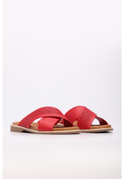 Tugerdi Kırmızı İçi Dışı Hakiki Deri Hafif Taban Kırmızı Çapraz Kadın Terlik TG099722611611