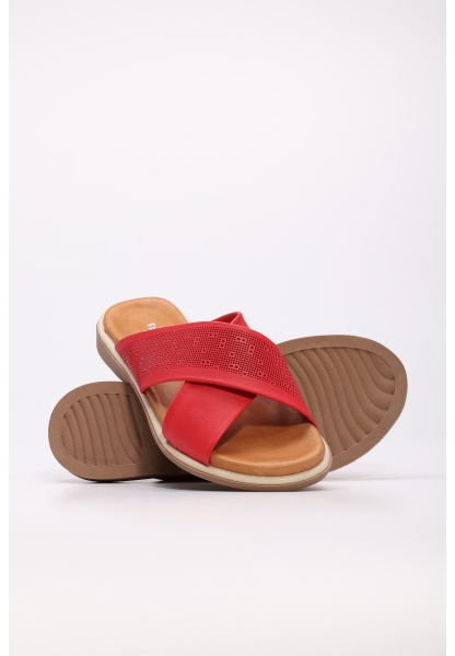 Tugerdi Kırmızı İçi Dışı Hakiki Deri Hafif Taban Kırmızı Çapraz Kadın Terlik TG099722611611