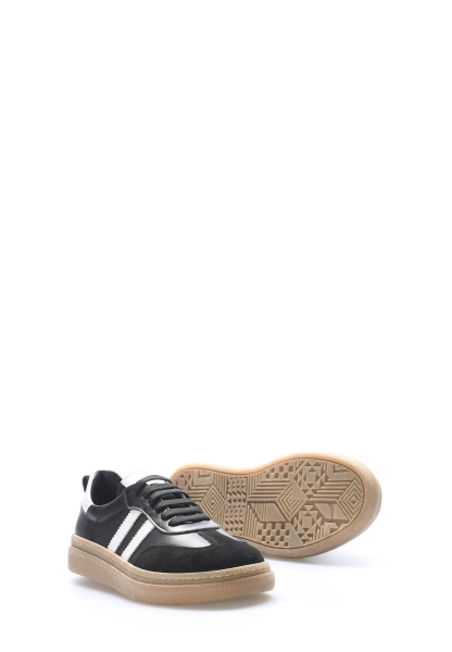 Tugerdi  Siyah Beyaz Hakiki Deri Hafif Taban Bağcıklı Kadın Casual Ayakkabı TG092172611182