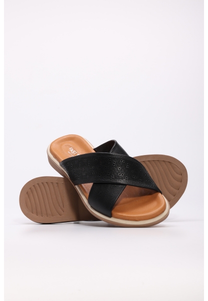 Tugerdi Siyah İçi Dışı Hakiki Deri Hafif Taban Çapraz Kadın Terlik TG099722611611