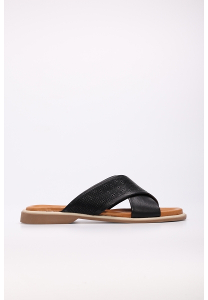 Tugerdi Siyah İçi Dışı Hakiki Deri Hafif Taban Çapraz Kadın Terlik TG099722611611