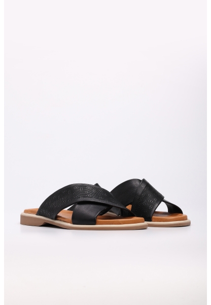 Tugerdi Siyah İçi Dışı Hakiki Deri Hafif Taban Çapraz Kadın Terlik TG099722611611