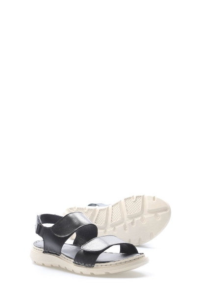 Tugerdi Siyah Hakiki Deri Hafif Taban Klasik Kaliteli Kadın Sandalet TG099722611012