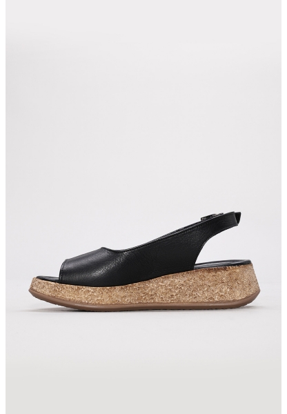 Tugerdi Siyah Hakiki Deri Termo Taban Dolgu Topuklu Kadın Sandalet TG0922726115729