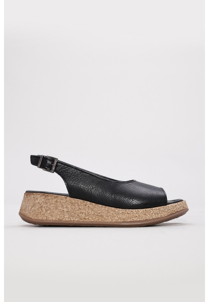 Tugerdi Siyah Hakiki Deri Termo Taban Dolgu Topuklu Kadın Sandalet TG0922726115729