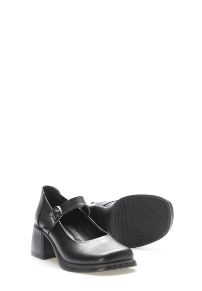 Tugerdi Siyah İçi Dışı Hakiki Deri Kemerli Siyah Kalın Taban Topuklu Kadın Ayakkabı TG0921726188413