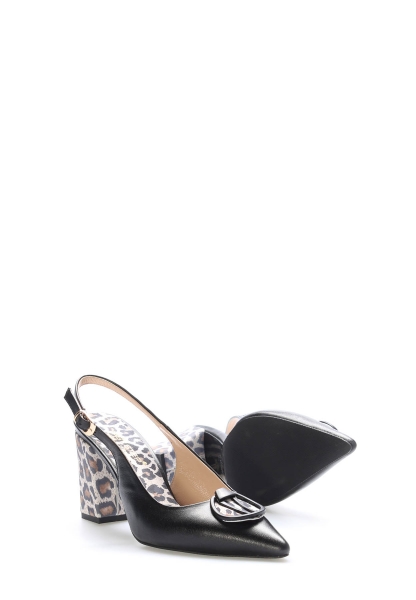 Tugerdi Siyah Leopar Hakiki Deri Jurdan Taban Yandan Kemerli Kalın Topuklu Kadın Ayakkabı TG0921526121151