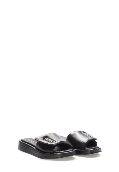 Tugerdi Siyah Hakiki Deri Hafifi Taban Ortopedik Kaliteli Düz Kadın Terlik TG09710261657