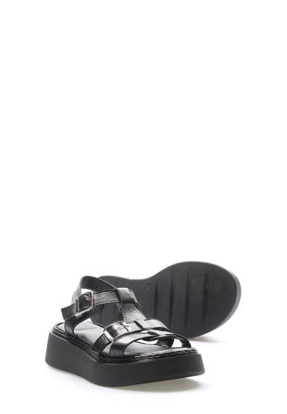 Tugerdi Siyah Hakiki Deri Hafif Taban Kemerli Klasik Kadın Sandalet TG096212611579