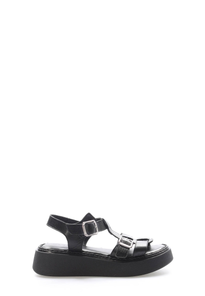 Tugerdi Siyah Hakiki Deri Hafif Taban Kemerli Klasik Kadın Sandalet TG096212611579