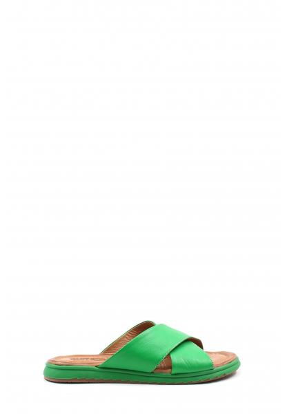 Tugerdi Yeşil Hakiki Deri Hafif Taban Çapraz Kadın Düz Terlik TG096572612854