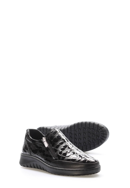 Tugerdi Siyah Kroko Hakiki Deri Ortopedik Hafif Taban Fermuarlı Kadın Casual Ayakkabı TG099722617922