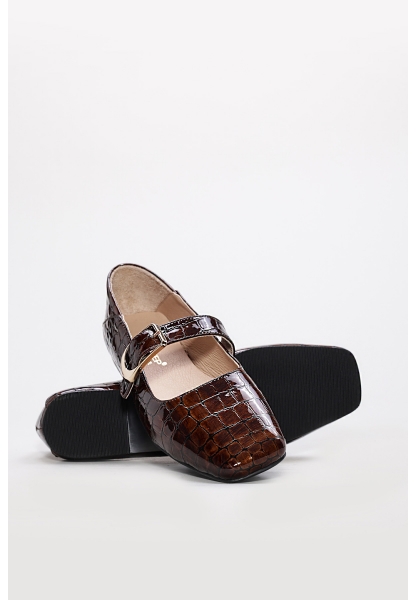 Tugerdi Kahve Rugan Kroko Hakiki Deri Tipu Taban Kemerli Kadın Babet Ayakkabı TG0921026191167