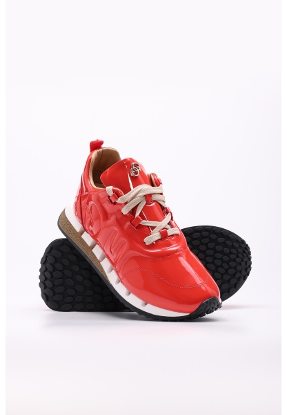 Tugerdi Kırmızı Rugan Hakiki Deri Termo Taban Bağcıklı Kadın Spor Ayakkabı TG09167261400873
