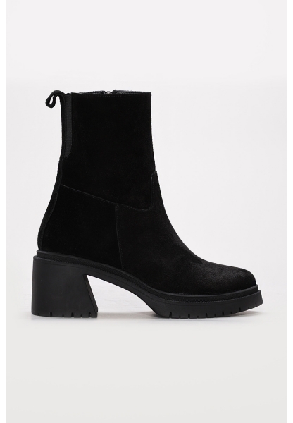 Tugerdi Siyah Süet Hakiki Deri Fermuarlı Hafif Taban Kalın Topuklu Kadın Bot TG092171926178914