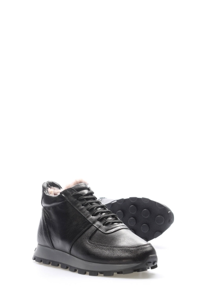 Tugerdi Siyah Hakiki Deri İçi Kürklü Bağcıklı Fermuarlı Termo Taban Erkek Spor Bot TG091541113117501