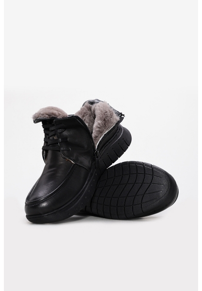 Tugerdi Siyah Ortopedik Kürklü Hakiki Deri Bağcıklı Fermuarlı Termo Taban Kadın Bot TG095831126121011