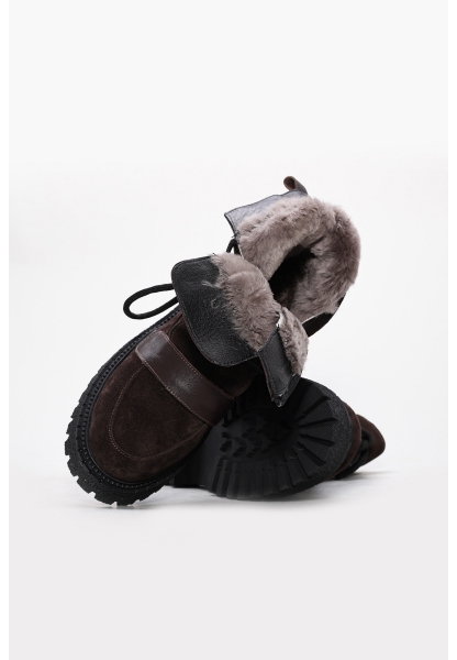 Tugerdi Kahve Süet Kürklü Hakiki Deri Fermuarlı Bağcıklı Hafif Taban Kalın Taban Kadın Bot TG0971011261910