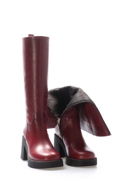 Tugerdi Bordo İçi Yarım Kürklü Hakiki Deri Fermuarlı Termo Taban Kadın Çizme TG092172526166413