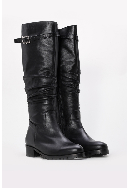 Tugerdi Siyah Büzgülü İçi Yarım Kürklü Hakiki Deri Fermuarlı Jurdan Taban Kadın Çizme TG09064252611266