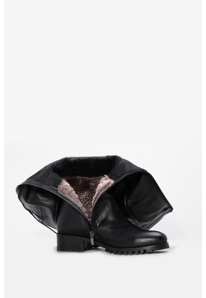 Tugerdi Siyah Büzgülü İçi Yarım Kürklü Hakiki Deri Fermuarlı Jurdan Taban Kadın Çizme TG09064252611266