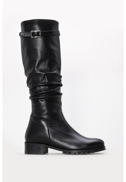 Tugerdi Siyah Büzgülü İçi Yarım Kürklü Hakiki Deri Fermuarlı Jurdan Taban Kadın Çizme TG09064252611266