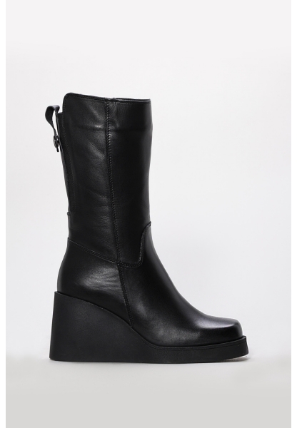 Tugerdi Siyah Hakiki Deri Dolgu Topuklu Fermuarlı Termo Taban Kadın Çizme TG09124192612911