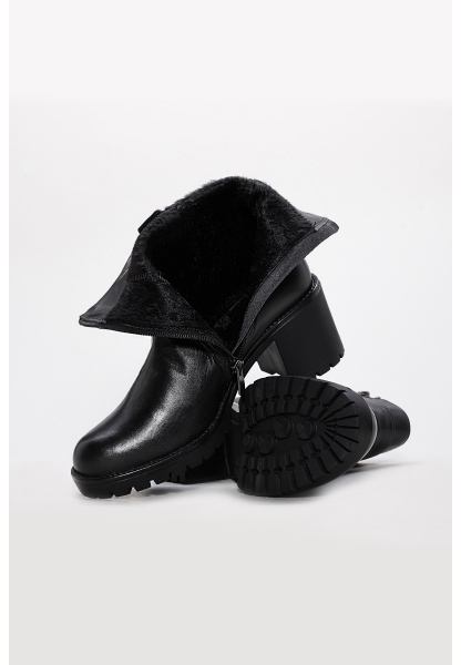 Tugerdi Siyah Hakiki Deri Fermuarlı Termo Taban Kaliteli  Kalın Topuklu Kadın Bot TG09124192612631