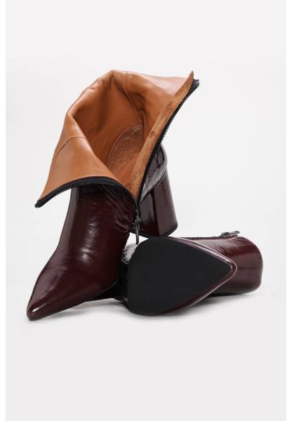 Tugerdi Bordo Kroko Hakiki Deri Fermuarlı Jurdan Taban Kalın Topuklu Kadın Bot TG0921542613621