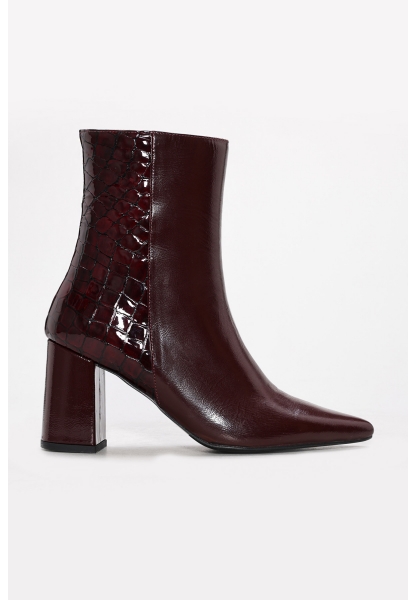 Tugerdi Bordo Kroko Hakiki Deri Fermuarlı Jurdan Taban Kalın Topuklu Kadın Bot TG0921542613621