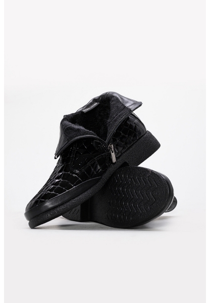 Tugerdi Siyah Kroko İçi Dışı Hakiki Deri Fermuarlı Termo Taban Klasik Kadın Bot TG0921719261668664