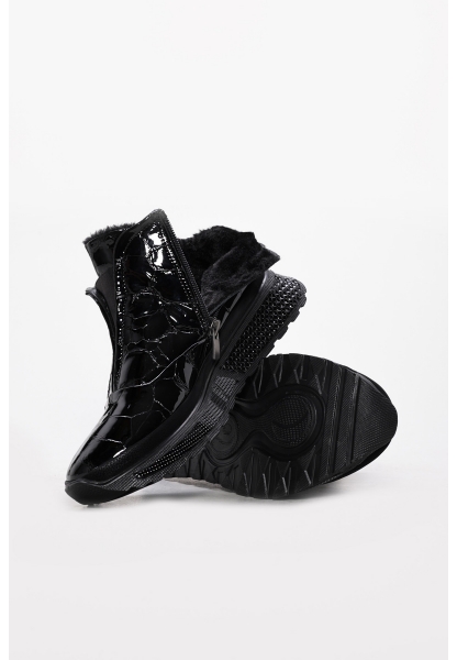 Tugerdi Siyah Kroko İçi Dışı Hakiki Deri Fermuarlı Termo Taban Kadın Spor Bot TG0925419261530