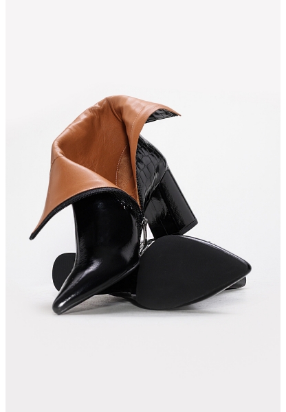 Tugerdi Siyah Kroko İçi Dışı Hakiki Deri Fermuarlı Jurdan Taban Kalın Topuklu Kadın Bot TG0921542613621