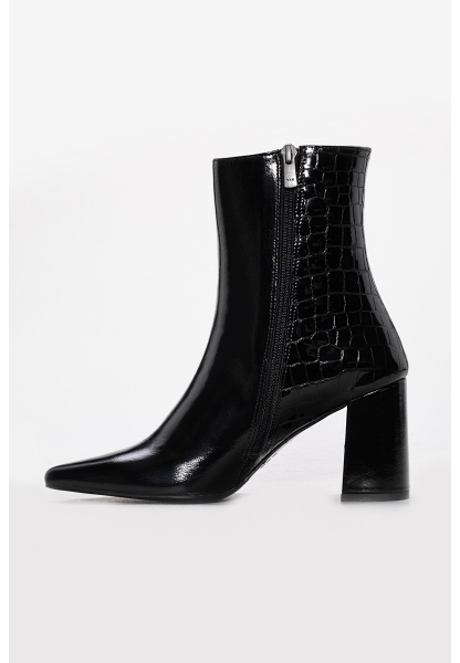 Tugerdi Siyah Kroko İçi Dışı Hakiki Deri Fermuarlı Jurdan Taban Kalın Topuklu Kadın Bot TG0921542613621