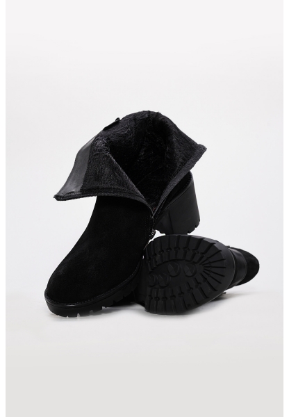 Tugerdi Siyah Süet Hakiki Deri Fermuarlı Termo Taban Kaliteli Kalın Topuklu Kadın Bot TG09124192612631