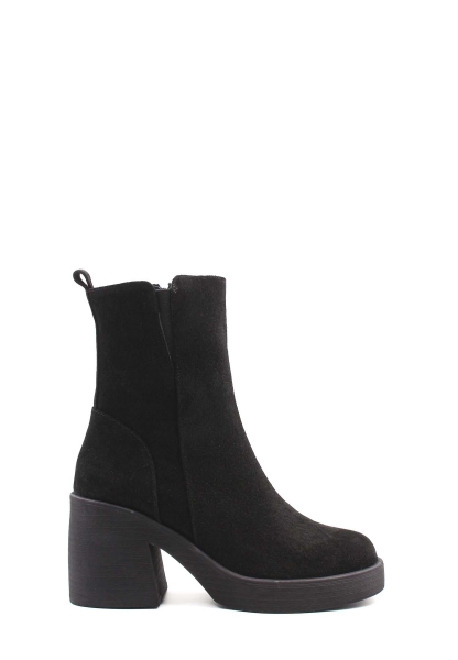 Tugerdi Siyah Süet Hakiki Deri Fermuarlı Termo Taban Topuklu Kadın Bot TG09217192610651113